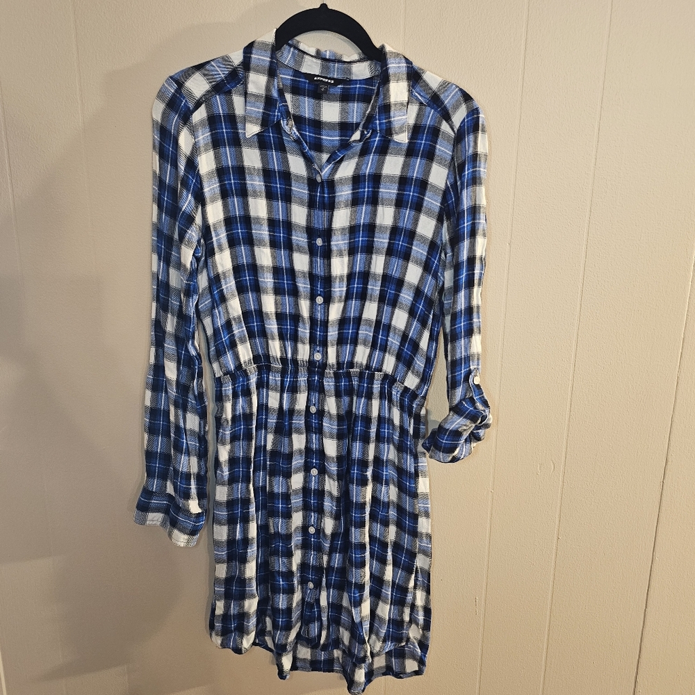 Express Black White and Blue Plaid Button Down Dress